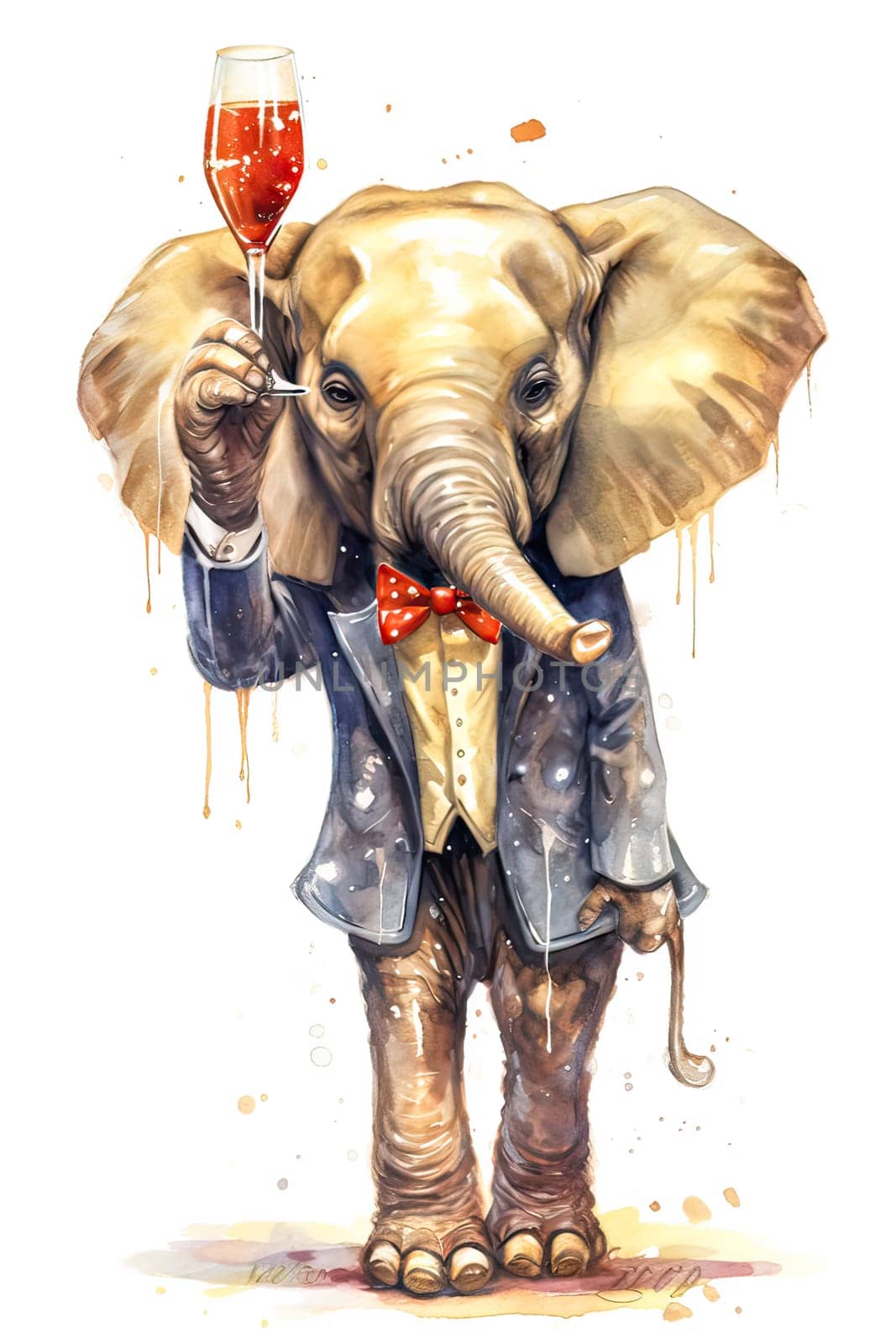 Celebrate in style with this whimsical watercolor elephant raising a toast with a glass of alcohol. Perfect for festive greeting cards and invitations