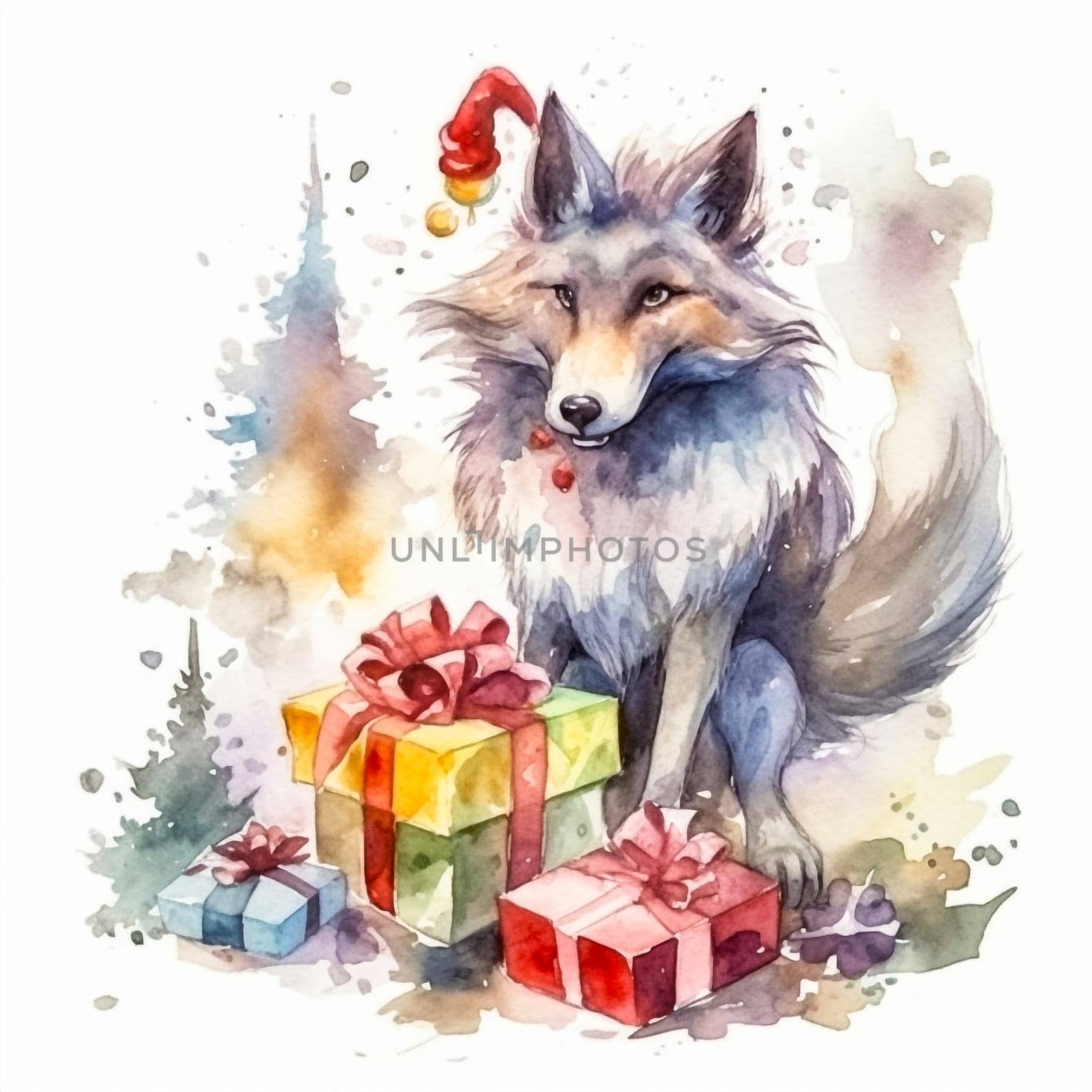 A charming watercolor depiction of a wolf seated beside a stack of festive Christmas presents, evoking a cozy and heartwarming holiday atmosphere.