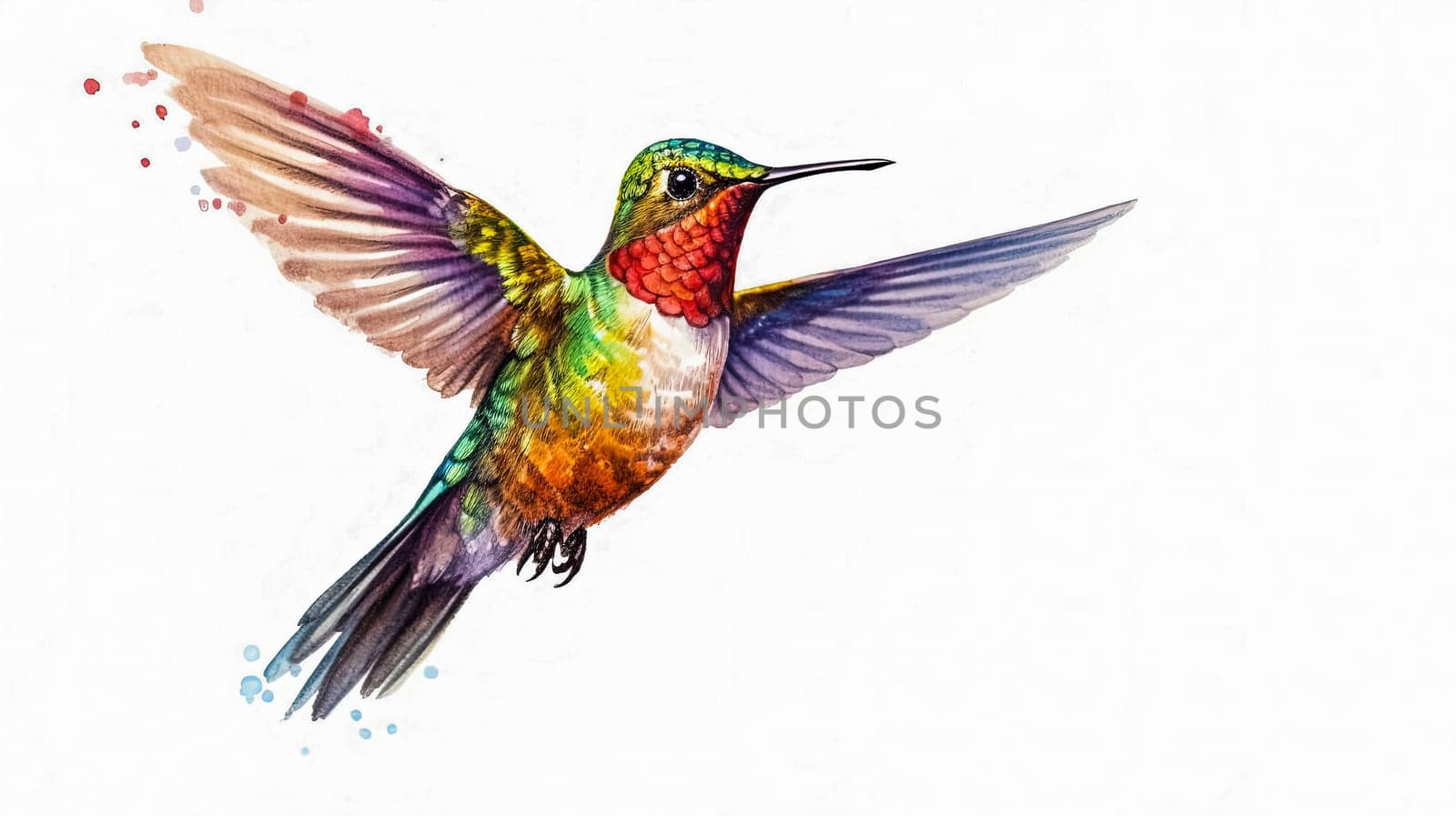 A captivating watercolor portrayal capturing the graceful flight of a calibri bird, showcasing its elegance and beauty in stunning detail. Perfect for artistic projects and nature themed designs.