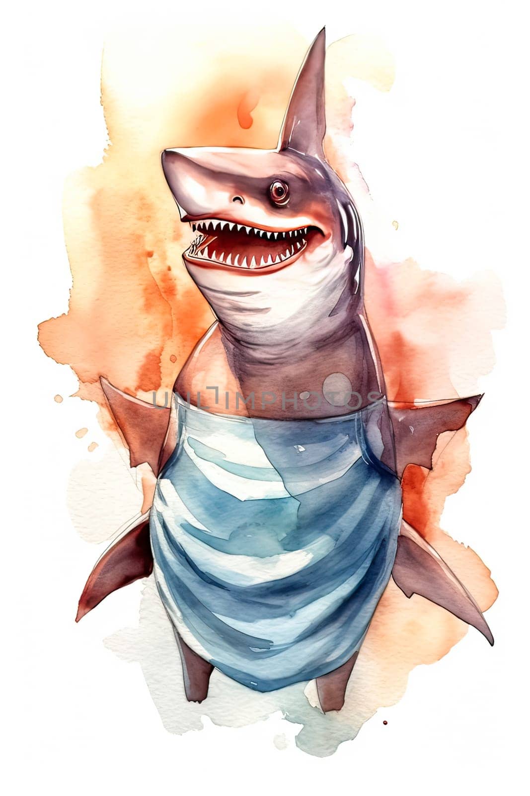 Infuse your culinary designs with whimsy using a watercolor depiction of a shark sporting a chefs apron, perfect for playful kitchen themed projects.