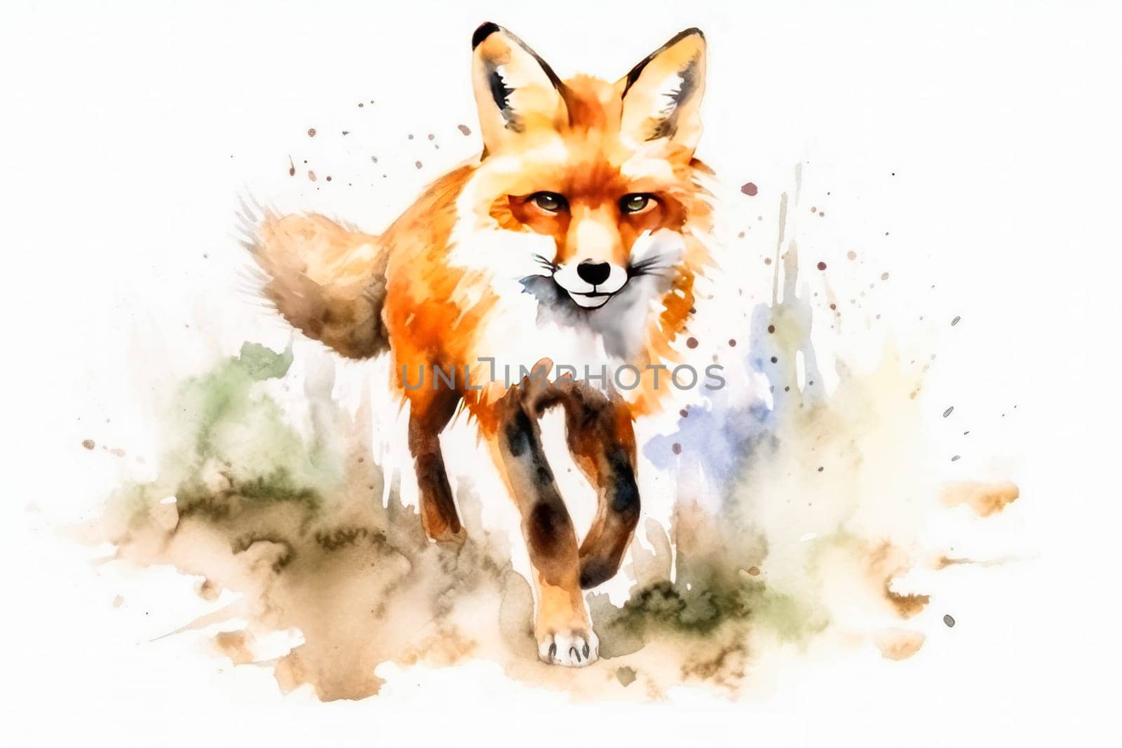 Vibrant and charming watercolor rendition of a fox, perfect for adding a touch of wildlife beauty to any artistic or decorative project.