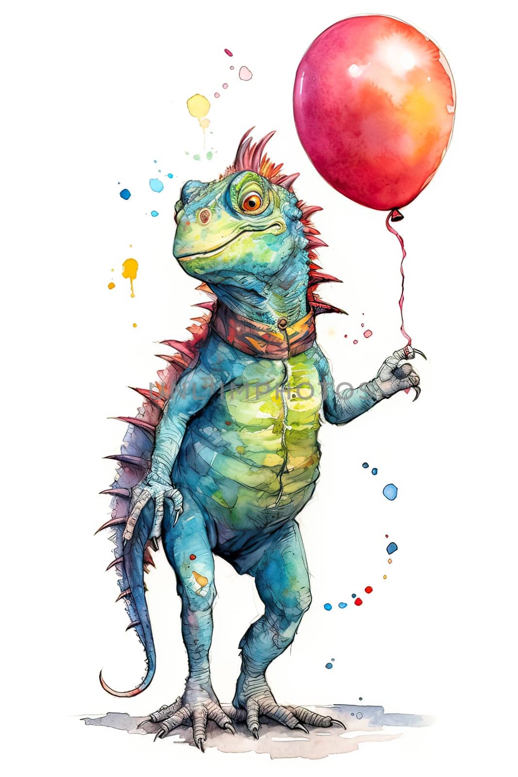 watercolor illustration of an iguana with balloons by Alla_Morozova93