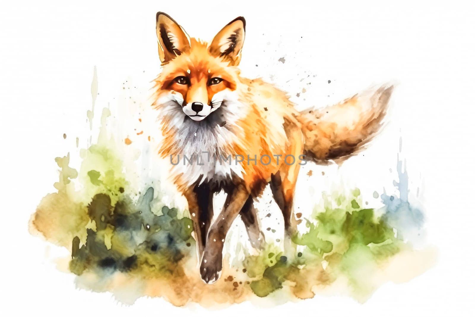 Vibrant and charming watercolor rendition of a fox, perfect for adding a touch of wildlife beauty to any artistic or decorative project.