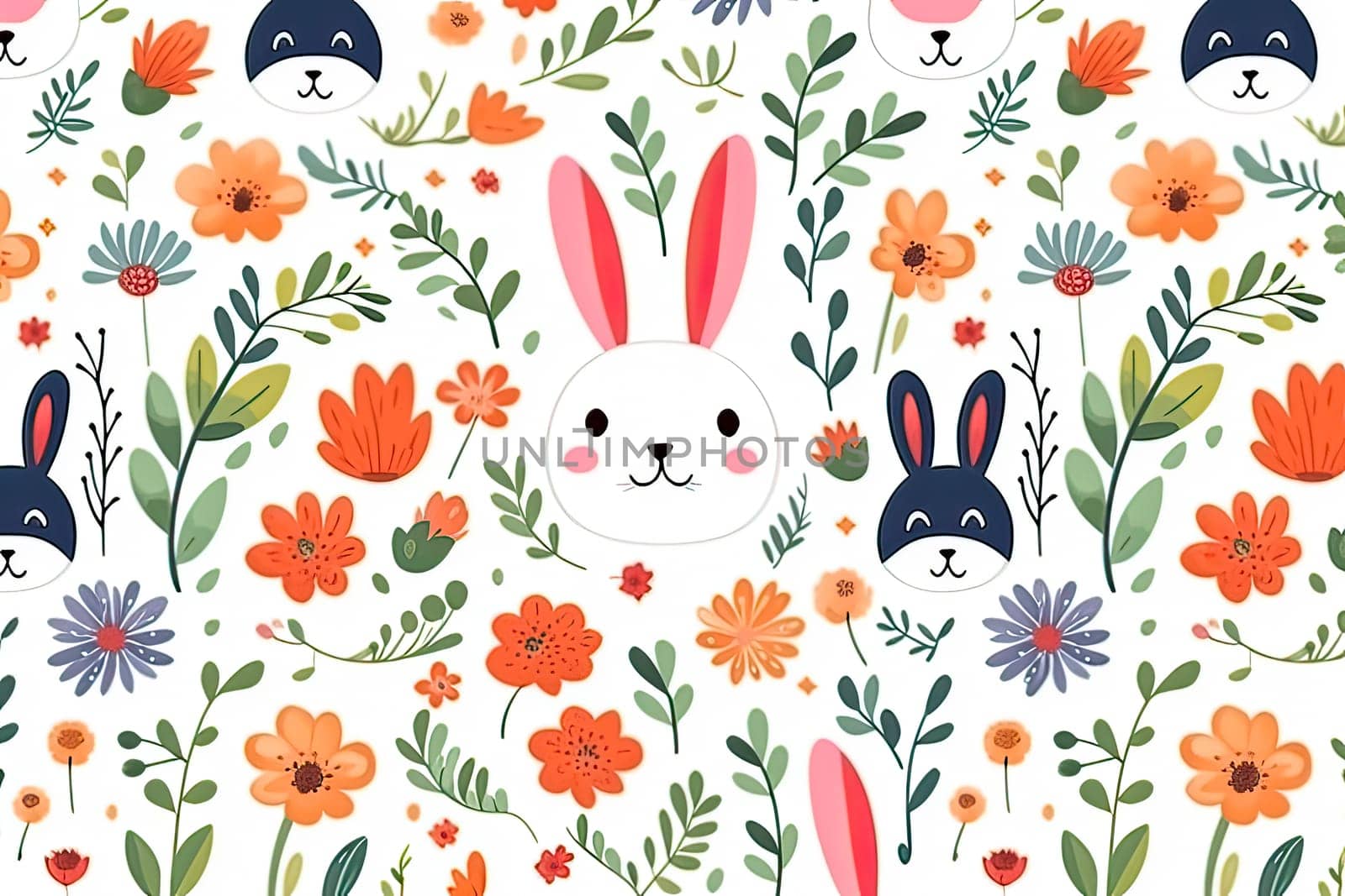 Vibrant watercolor illustration showcasing adorable rabbits surrounded by blooming flowers, ideal for Easter themed designs and decorations.