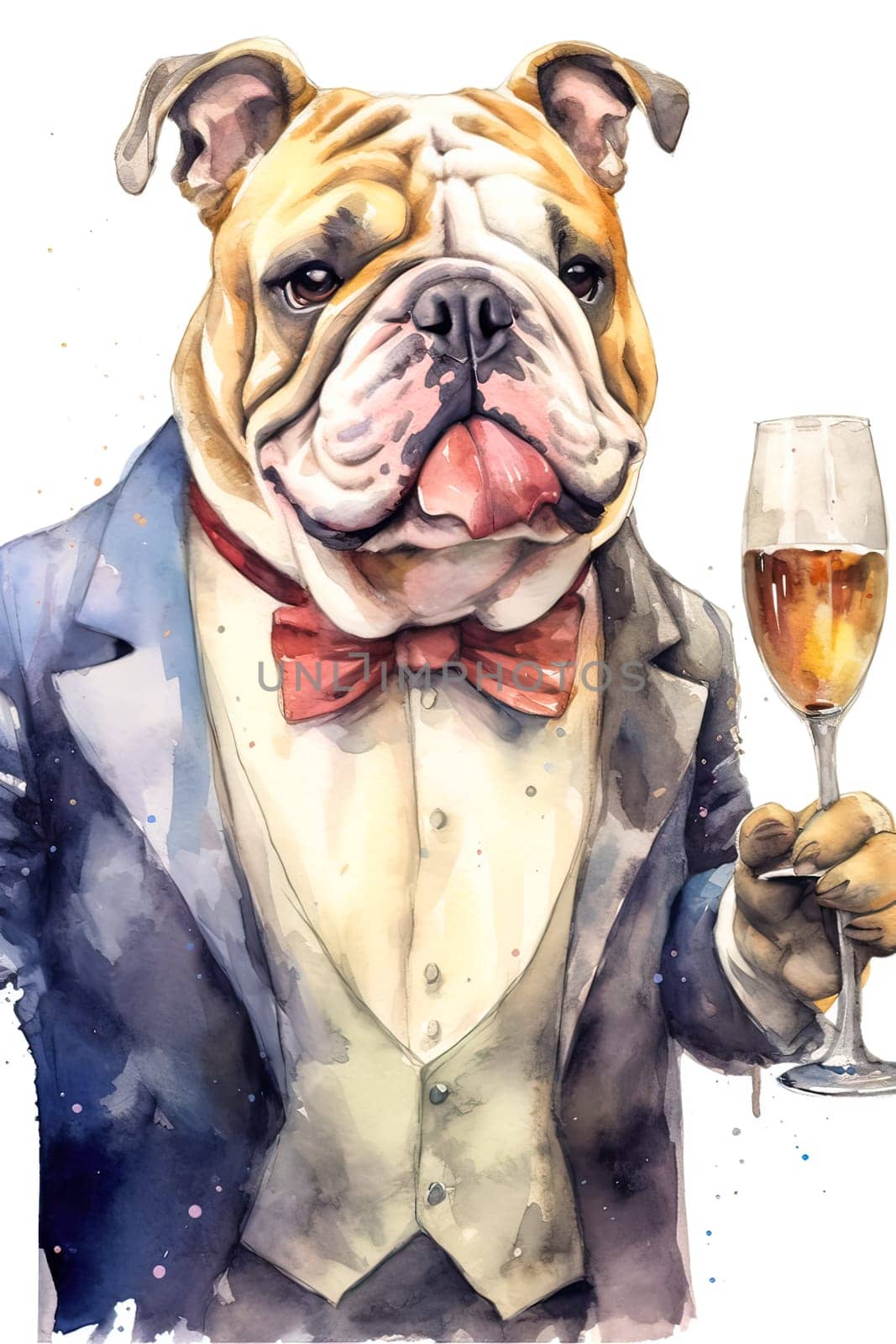 Capture the spirit of celebration with this delightful watercolor bulldog raising a glass of champagne in a toast on your greeting cards. Cheers