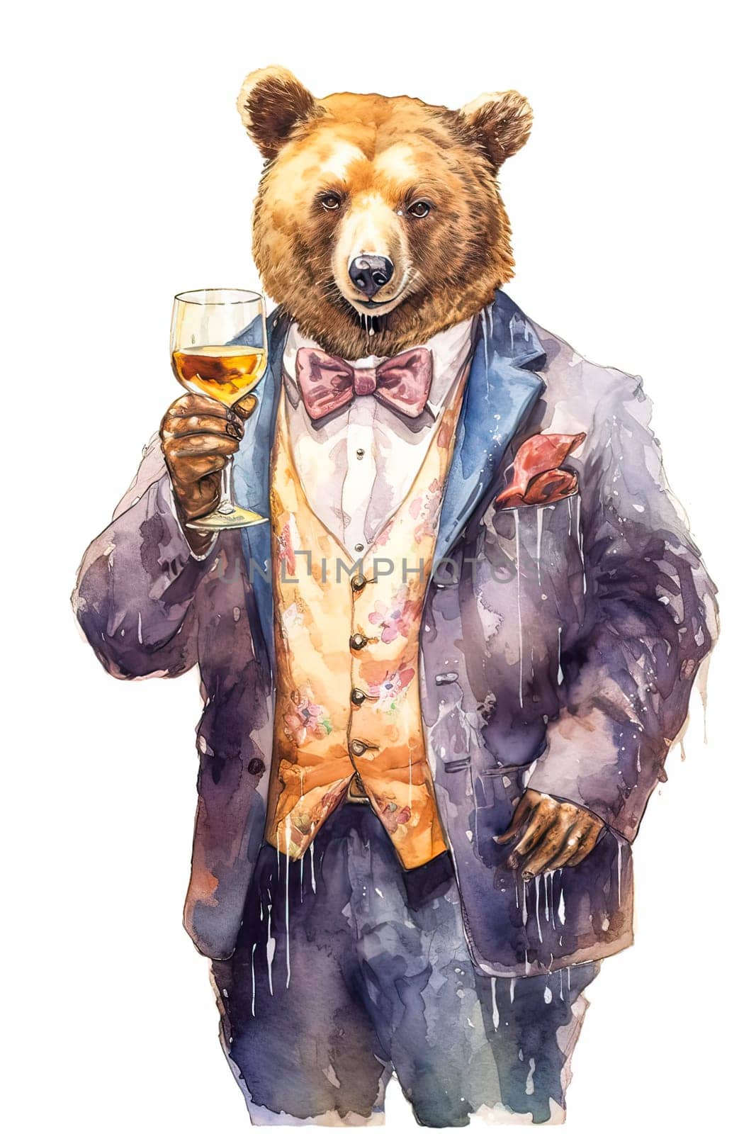 charming watercolor bear raising a toast with a glass of alcohol. by Alla_Morozova93