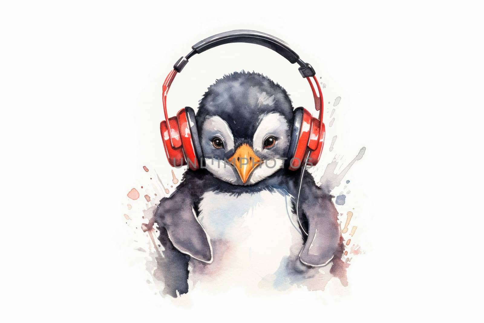 A lively watercolor artwork featuring a cute penguin wearing headphones, immersed in splashes of vibrant colors, adding a playful touch to the scene.