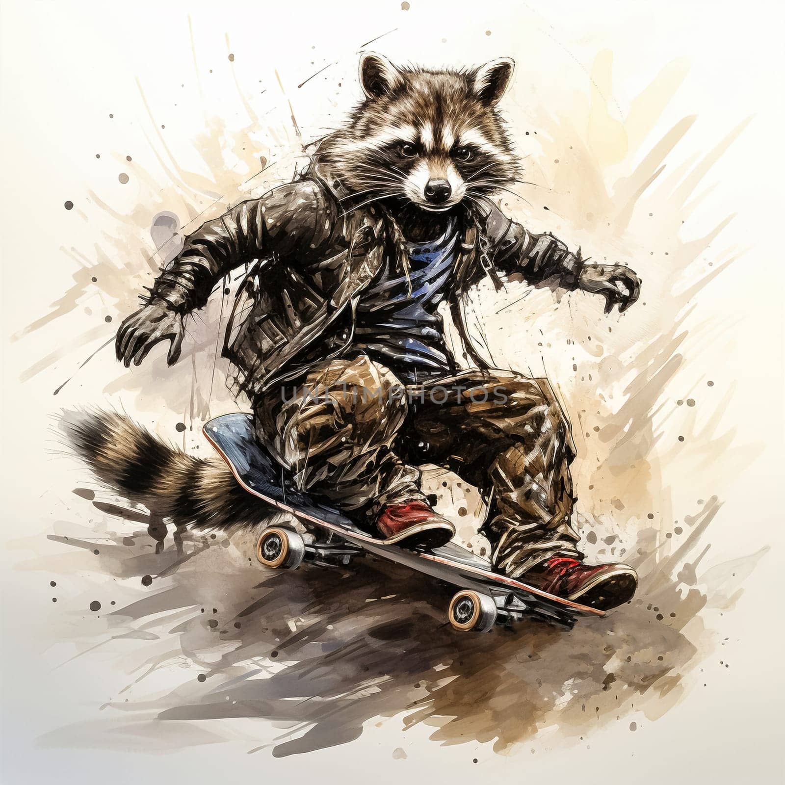 A delightful watercolor illustration capturing a raccoon skillfully riding a skateboard by Alla_Morozova93