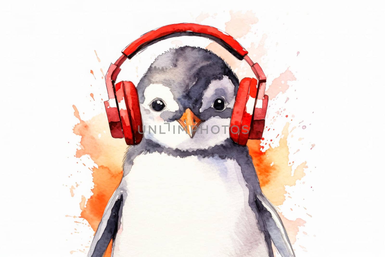 A lively watercolor artwork featuring a cute penguin wearing headphones by Alla_Morozova93