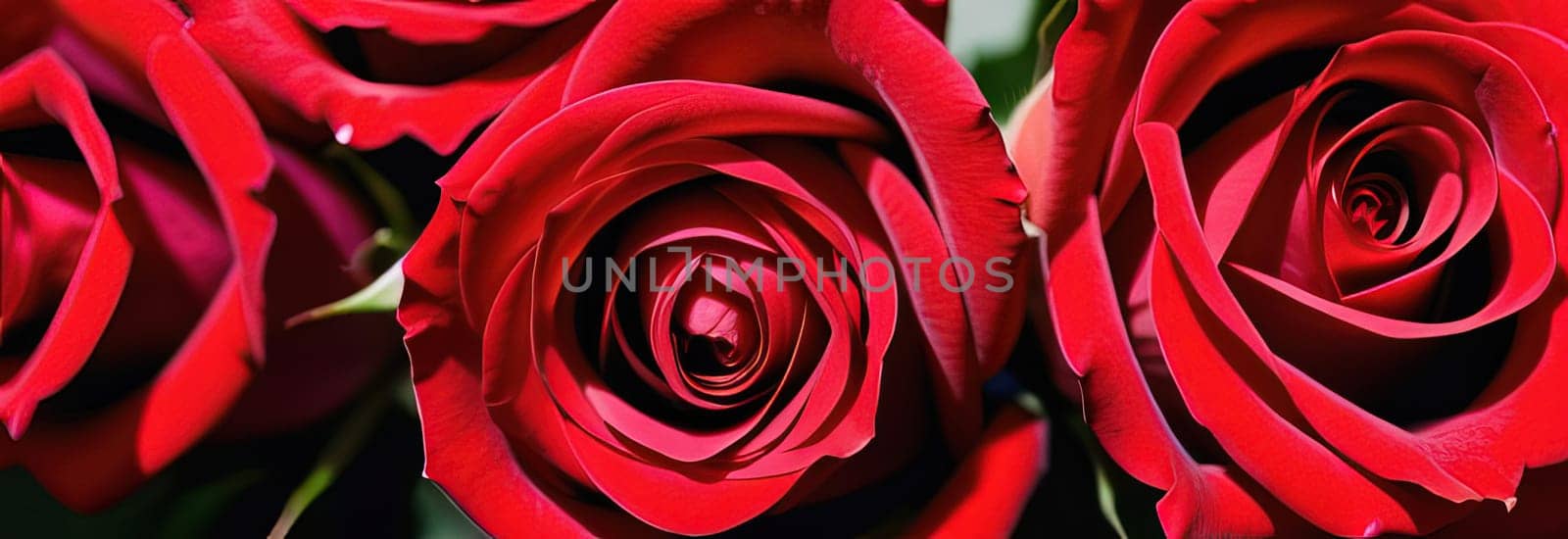 Beautiful banner with red roses background of Mothers, Valentine Day, Birthday, Anniversary, Wedding. Copy space. For advertisement, greeting card mockup, presentation, header, poster, website print