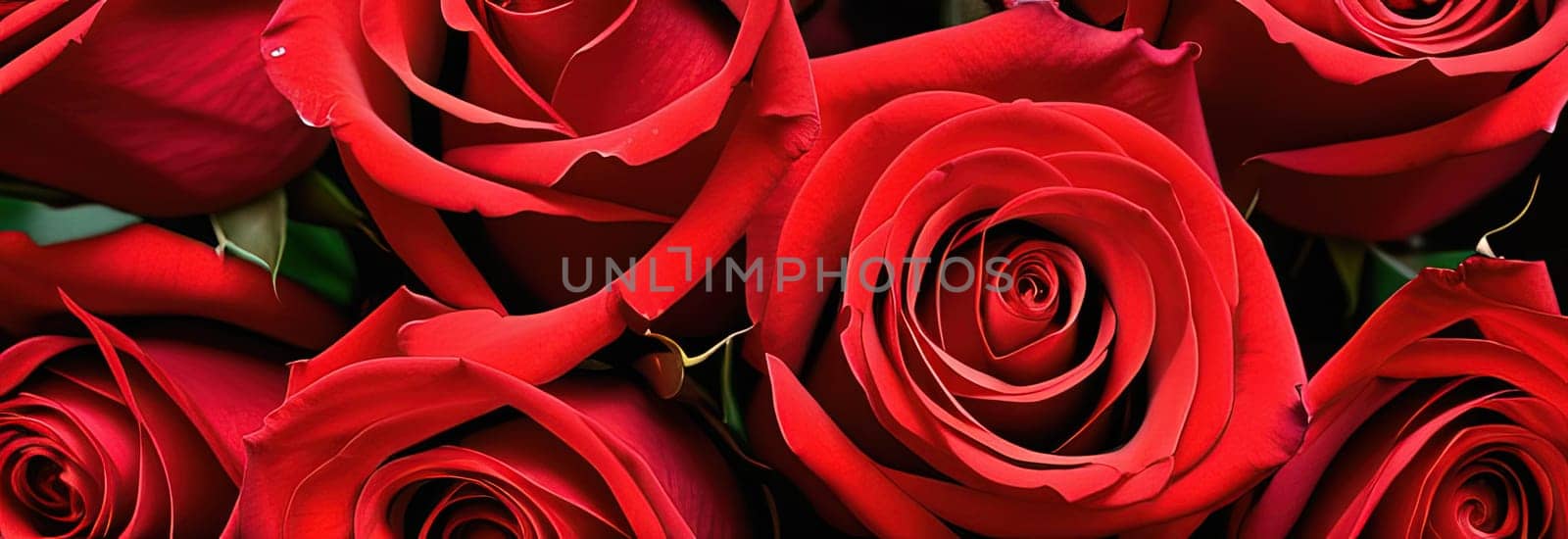 Beautiful banner with red roses background of Mothers, Valentine Day, Birthday, Anniversary, Wedding. Copy space. For advertisement, greeting card mockup, presentation, header, poster, website, print. by Angelsmoon