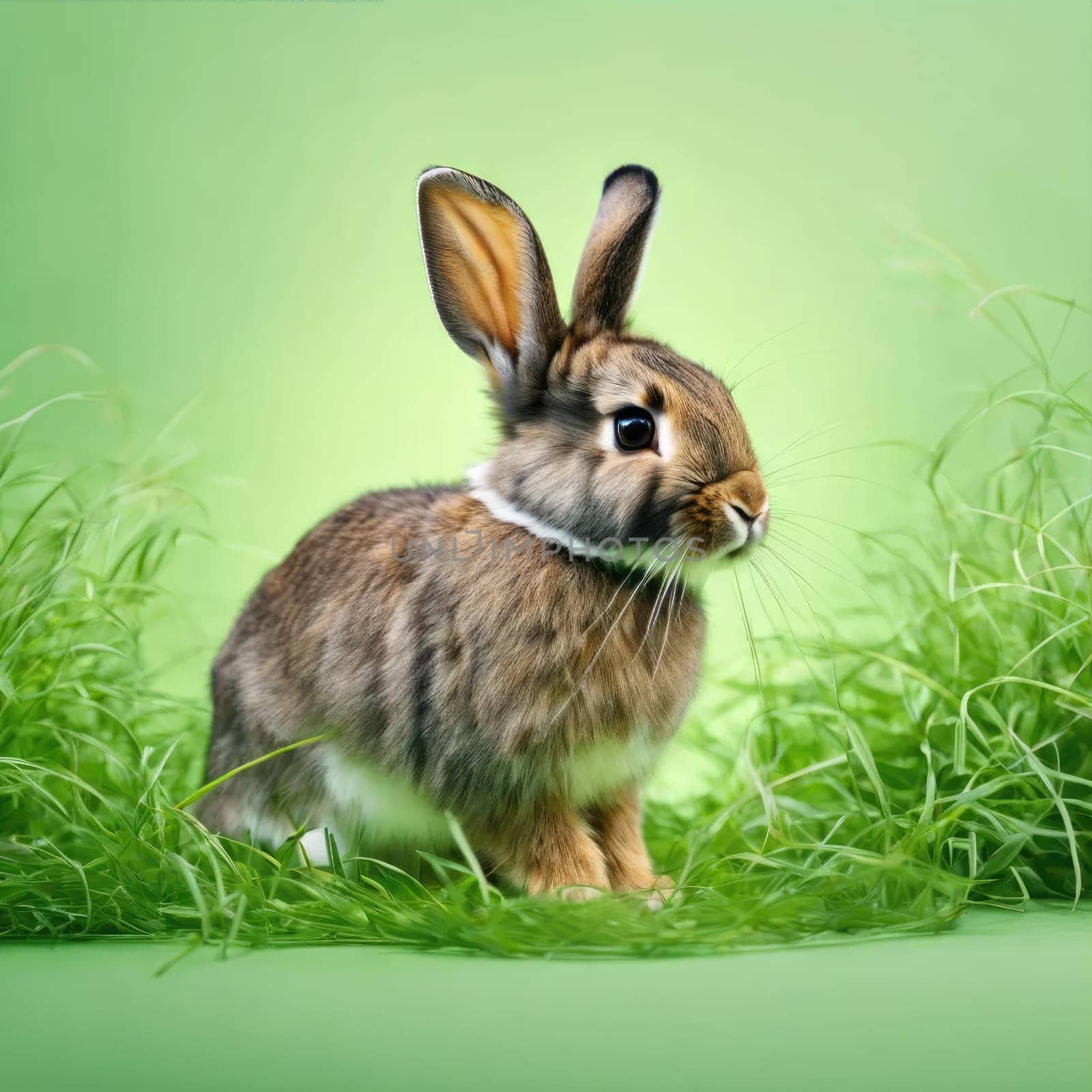 Easter bunny on grass on spring green background by natali_brill