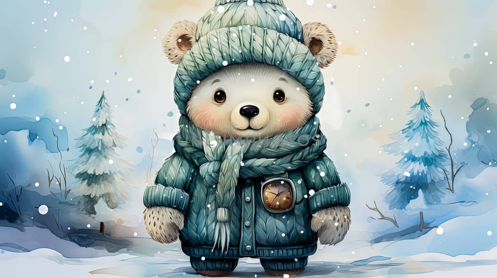 A whimsical watercolor depiction showcasing a polar bear donning a cozy winter jacket and hat, exuding charm and warmth in the chilly Arctic landscape.