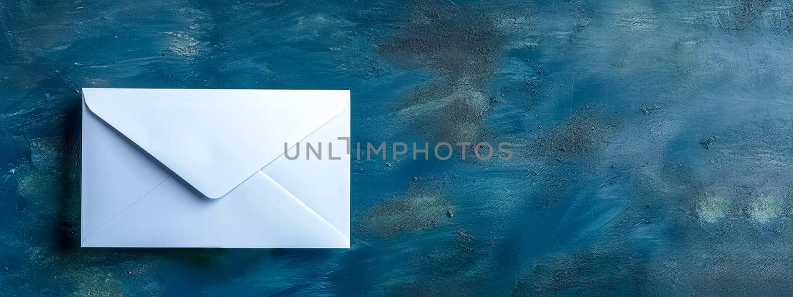 A rectangular, electric blue envelope rests on a sky-blue surface resembling clouds. by Edophoto