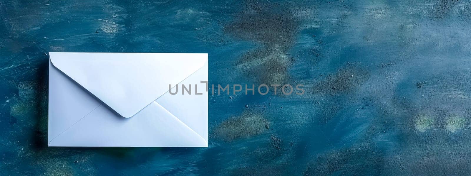 A white envelope rests on a rectangular blue surface resembling the electric blue of the sky, creating an artistic pattern reminiscent of cumulus clouds.