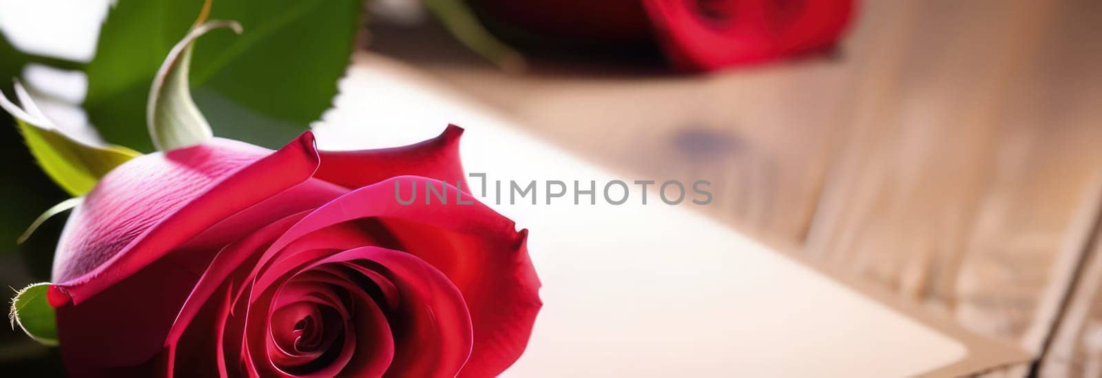 Beautiful banner with red roses background of Mothers, Valentine Day, Birthday, Anniversary, Wedding. Copy space. For advertisement, greeting card mockup, presentation, header, poster, website print