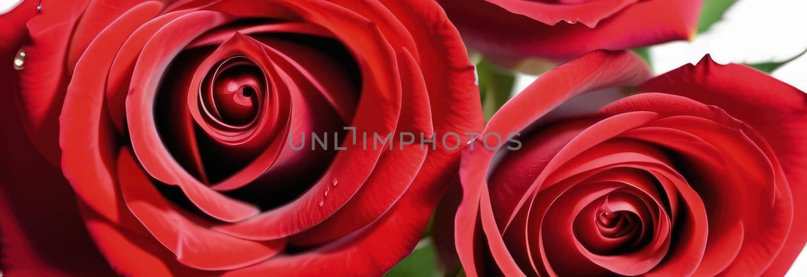 Beautiful banner with red roses background of Mothers, Valentine Day, Birthday, Anniversary, Wedding. Copy space. For advertisement, greeting card mockup, presentation, header, poster, website print