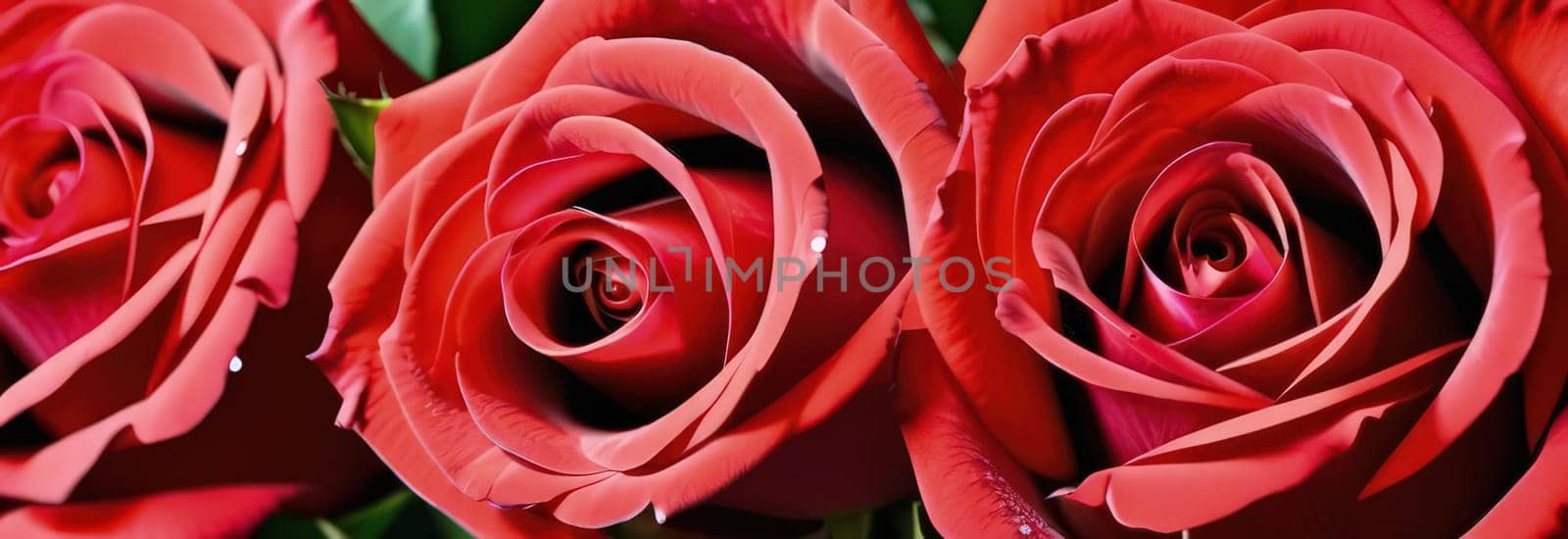 Beautiful banner with red roses background of Mothers, Valentine Day, Birthday, Anniversary, Wedding. Copy space. For advertisement, greeting card mockup, presentation, header, poster, website print