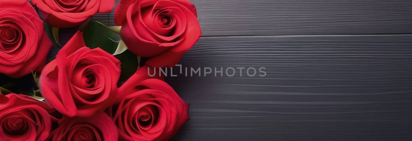 Beautiful banner with red roses background of Mothers, Valentine Day, Birthday, Anniversary, Wedding. Copy space. For advertisement, greeting card mockup, presentation, header, poster, website print