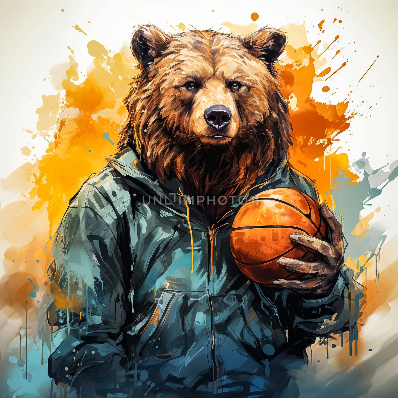 In a dynamic watercolor illustration, a bear exhibits athleticism by skillfully playing basketball, capturing the excitement of the sport in vibrant hues.