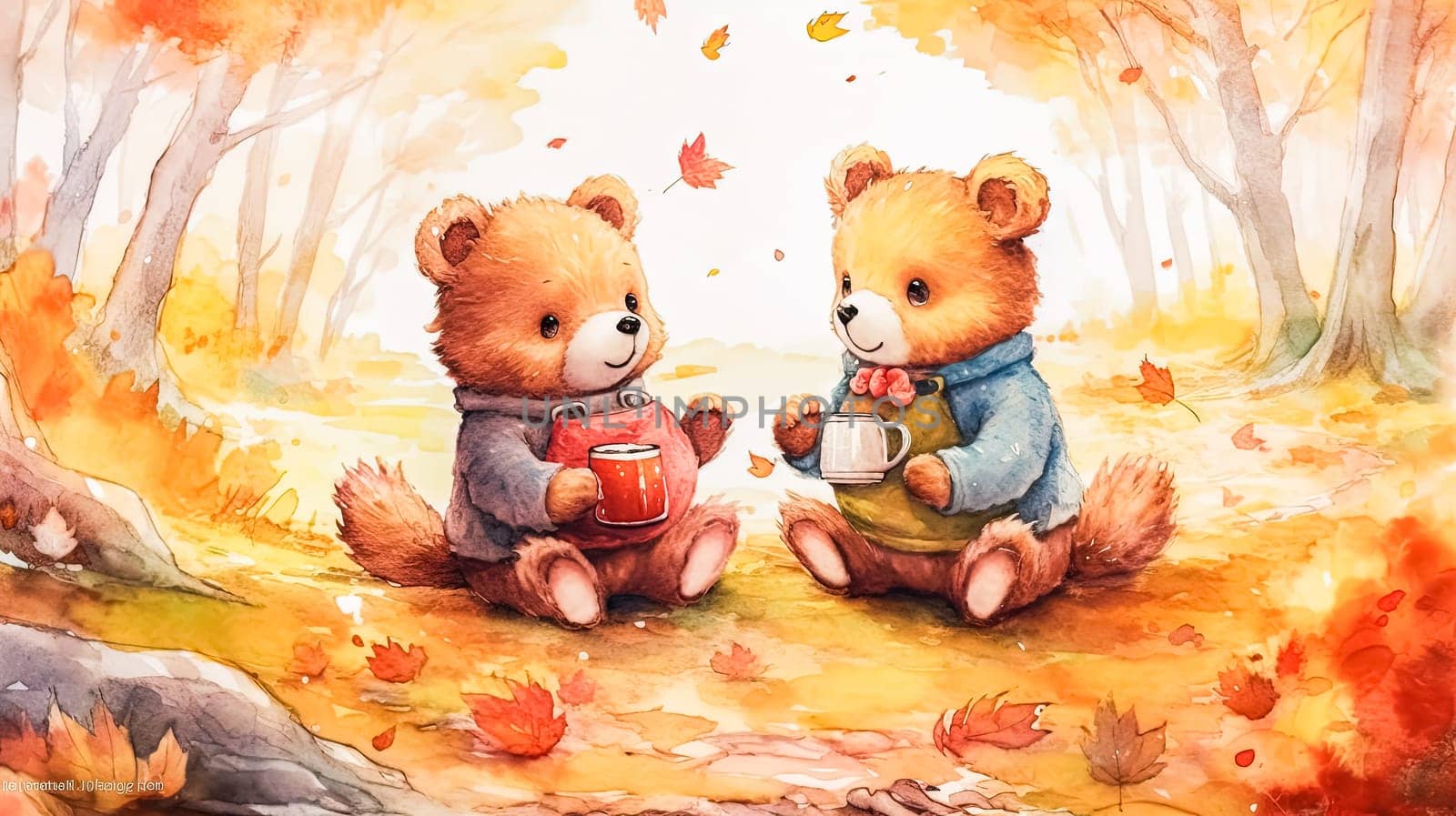 A delightful watercolor depiction showcasing adorable bear cubs nestled in the enchanting aura of an autumn forest, ideal for book illustrations and nature themed projects.