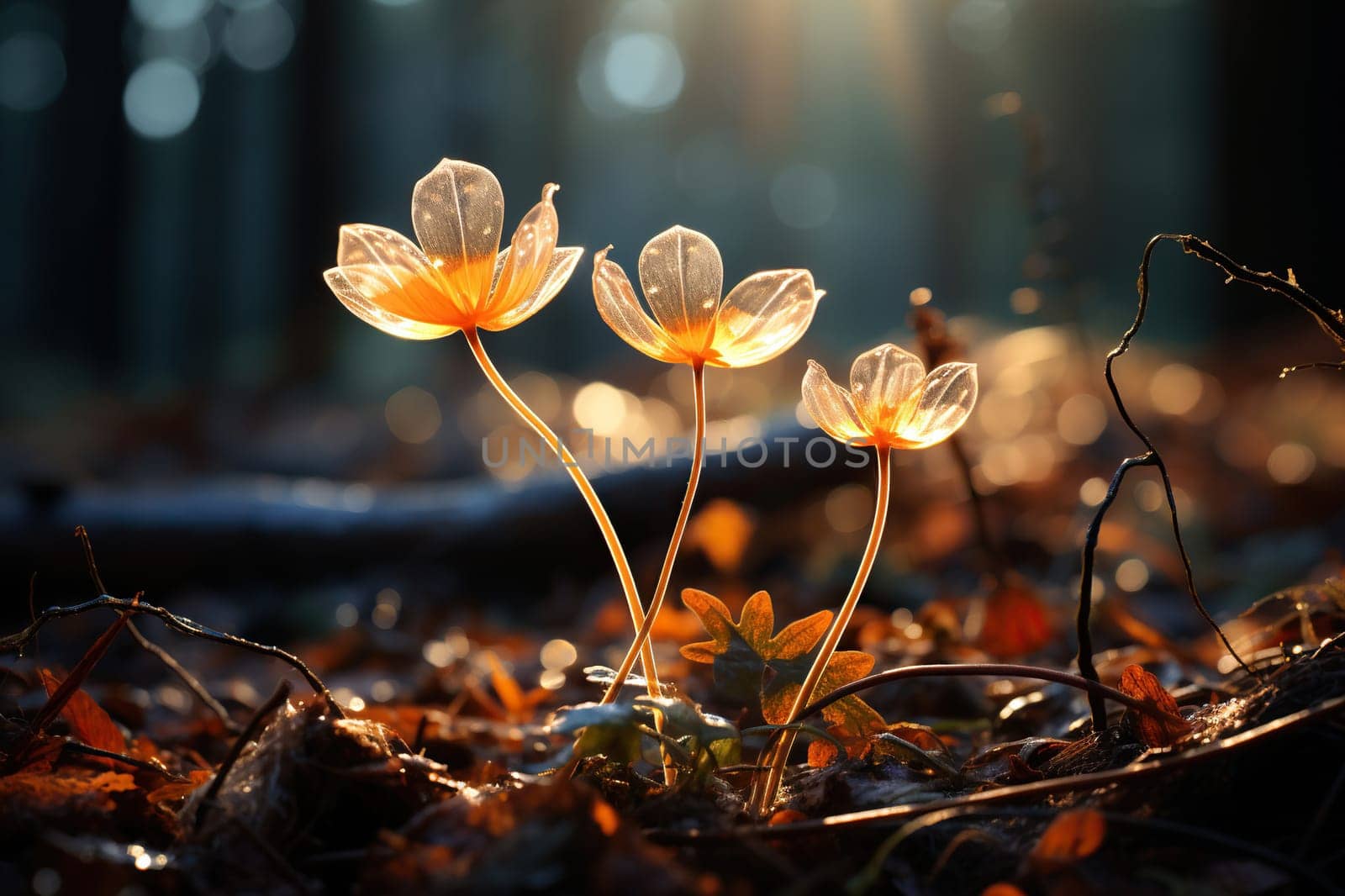 Flora of forest land in the rays of the sun close-up in autumn, nature ecology.