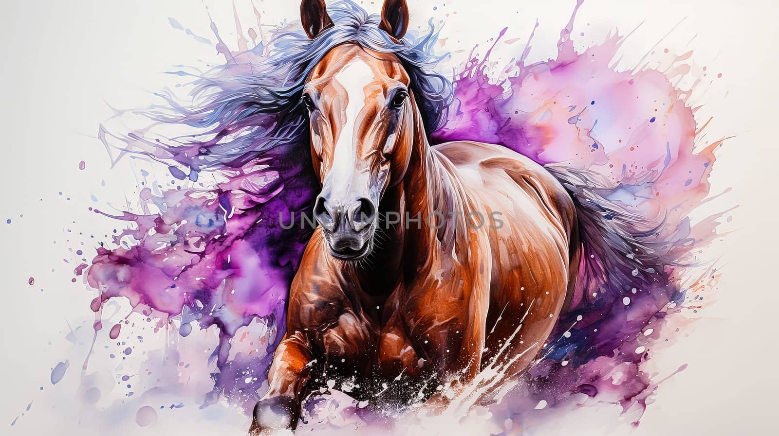 A stunning watercolor depiction of a horse captured in dynamic splashes of color by Alla_Morozova93