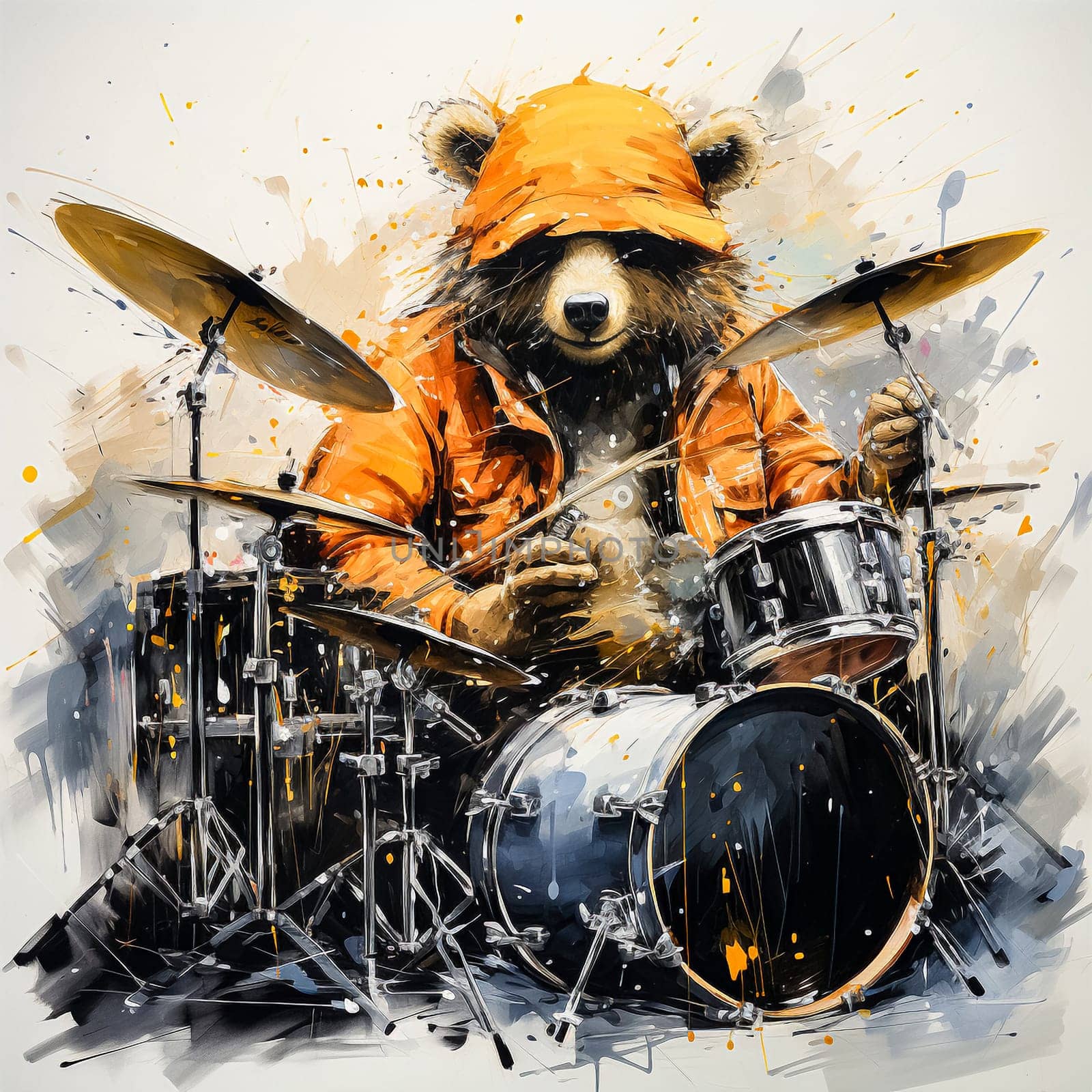 In a lively watercolor illustration, a bear is depicted enthusiastically playing the drums, adding rhythm and charm to the vibrant musical scene.