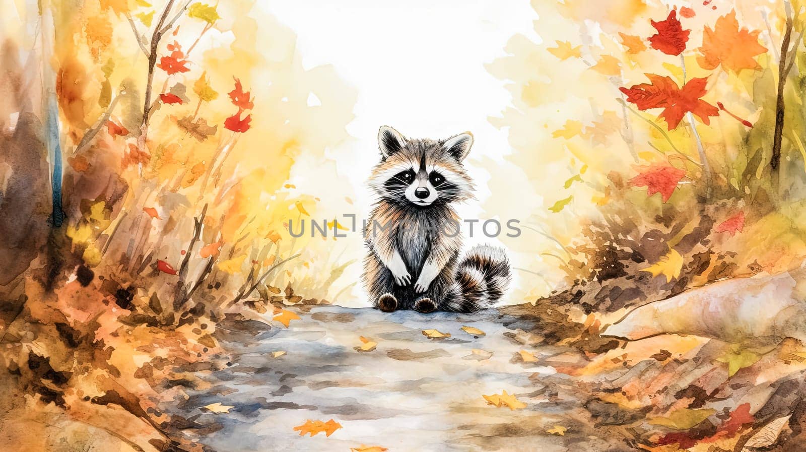 a raccoon nestled amidst the serene ambiance of an autumn forest by Alla_Morozova93