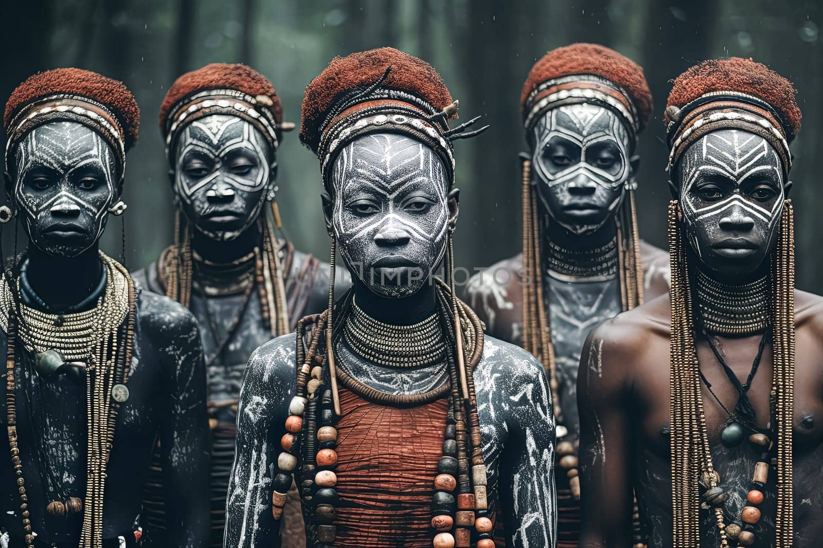 In a remote African village, women with intricately painted faces showcase the rich cultural heritage of their primitive tribe in a captivating image.