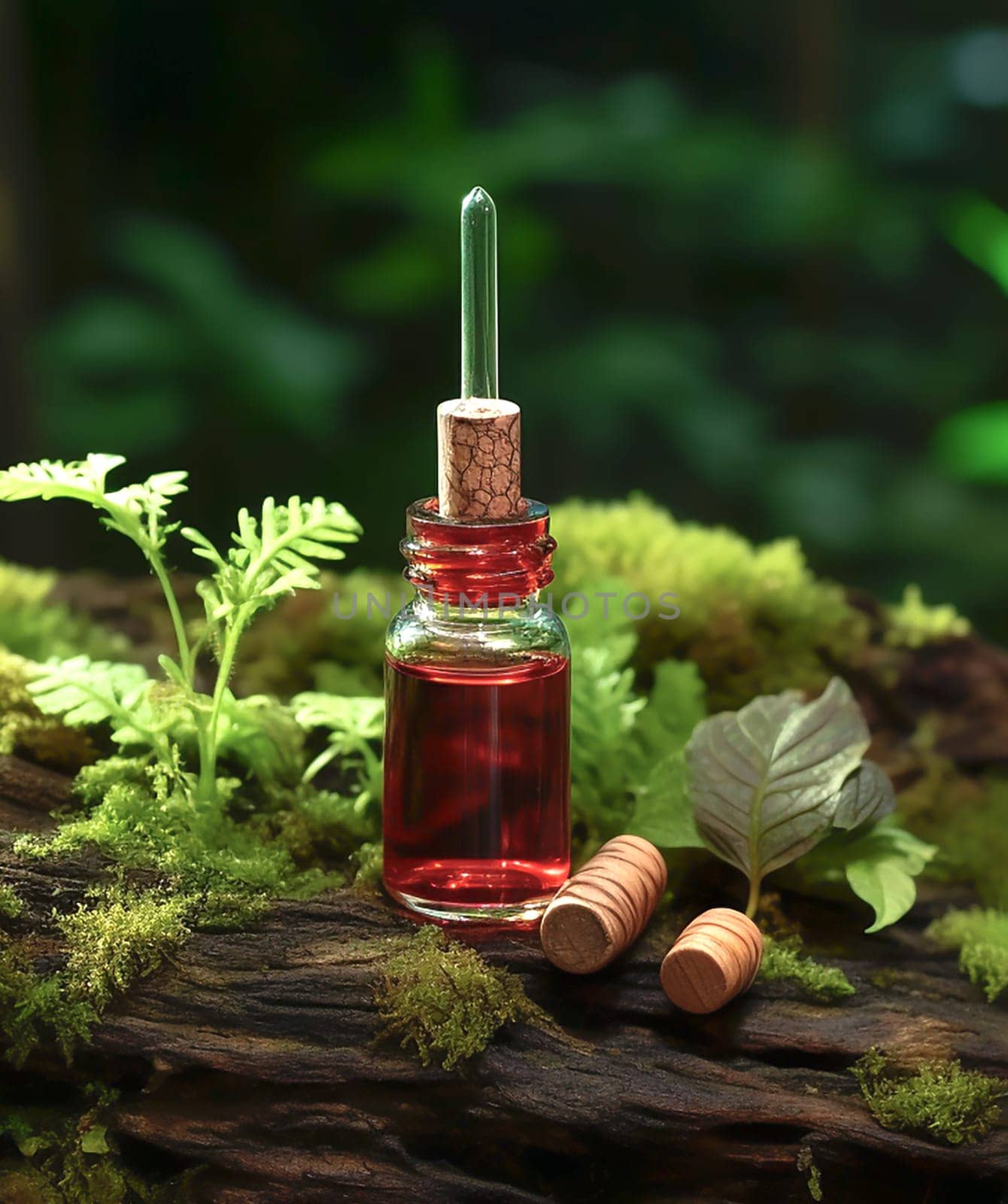 cosmetic ingredient Pycnogenol or Pinus pinaster in dark bottle stands on bark by Suietska