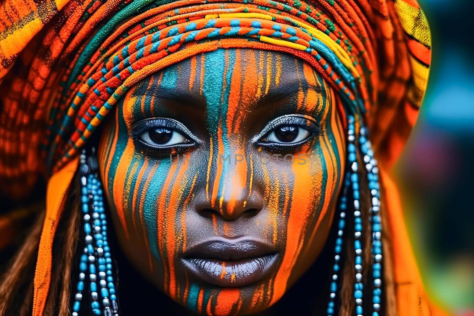 a woman adorned with tribal face paint embodies the strength and heritage of her ancient African community in vibrant detail.