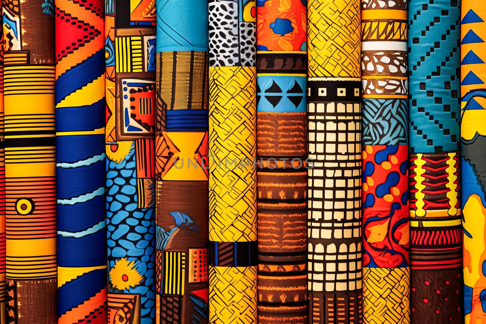 An array of fabric rolls adorned with intricate and colorful African designs by Alla_Morozova93