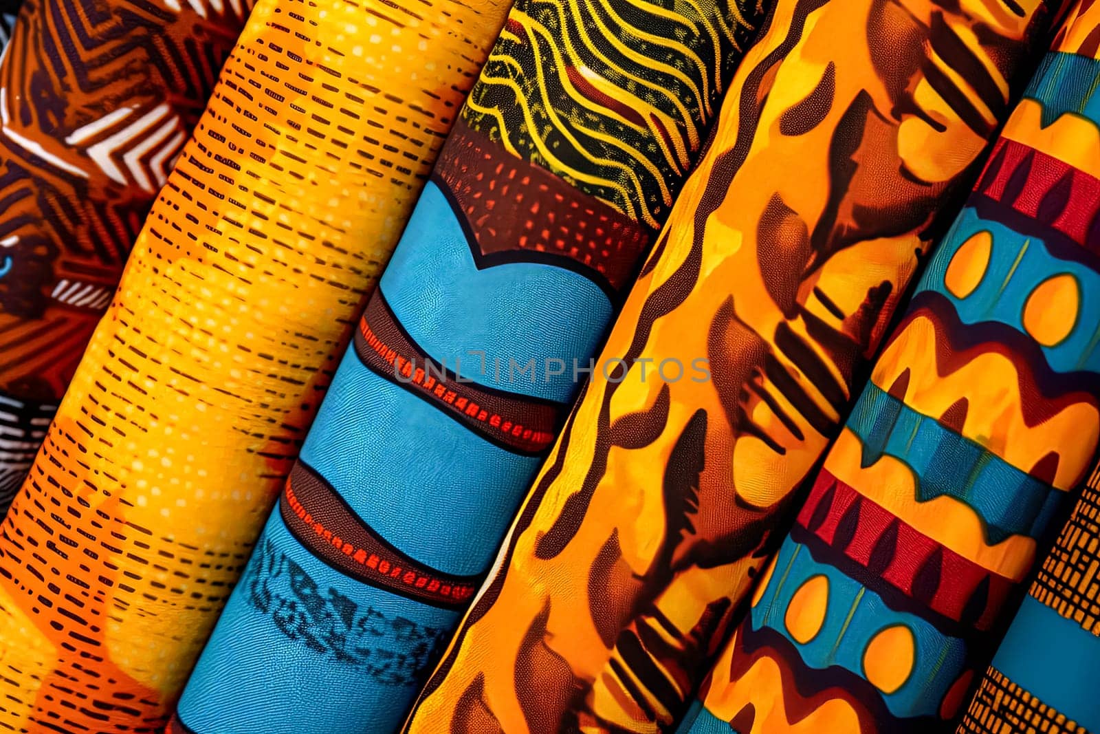 An array of fabric rolls adorned with intricate and colorful African designs by Alla_Morozova93