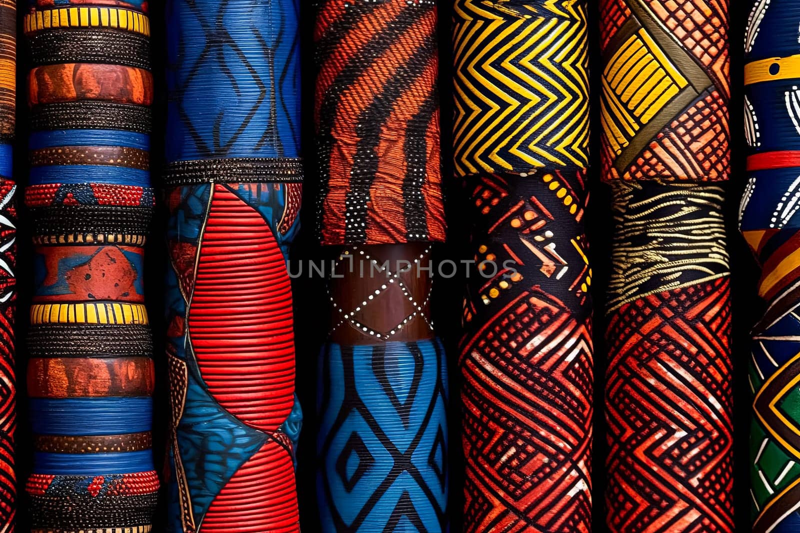 An array of fabric rolls adorned with intricate and colorful African designs by Alla_Morozova93