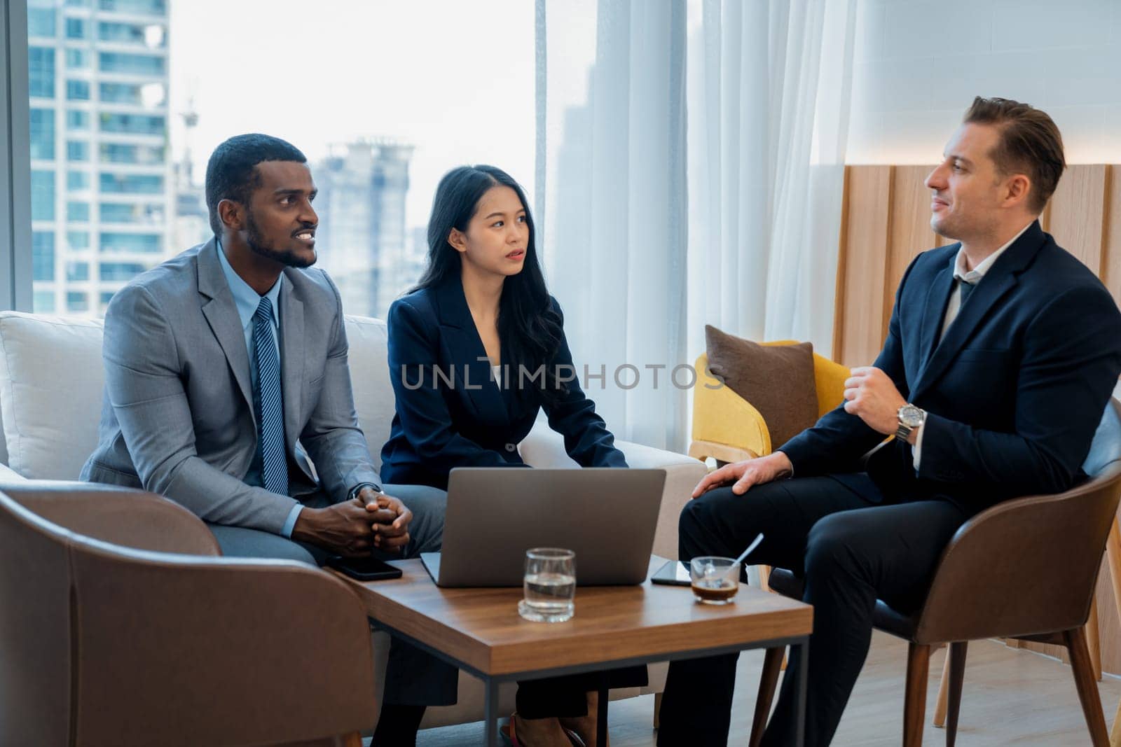 Group of diverse executive investor listening businessman talking about investment. Professional business team discussing about business plan, statistic, marketing strategy at office. Ornamented.