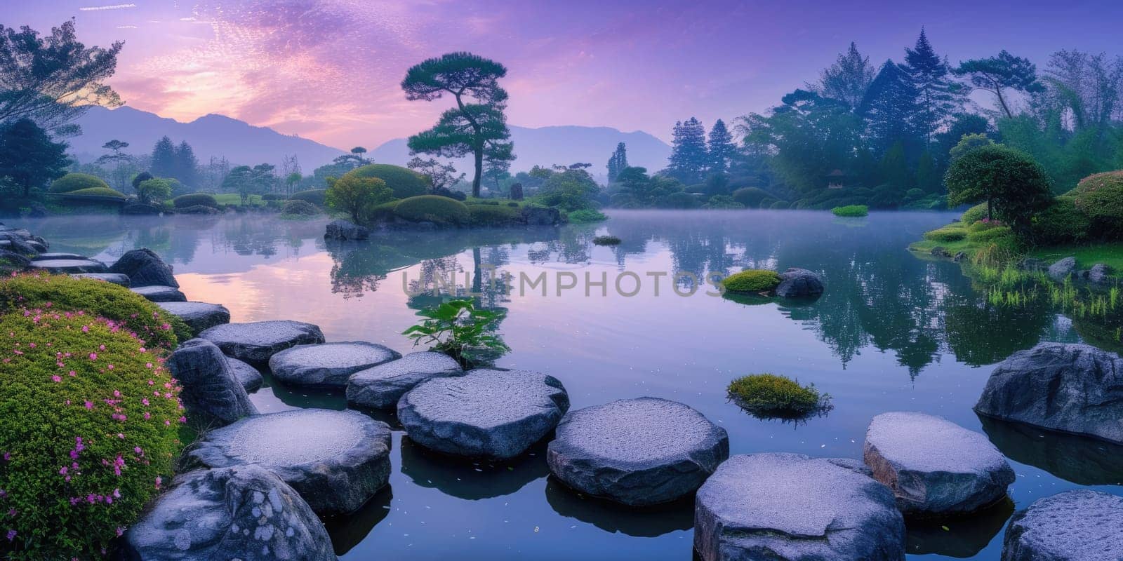 Path of circular stepping stones across a calm pond in a lush, serene zen garden at sunrise. Resplendent.