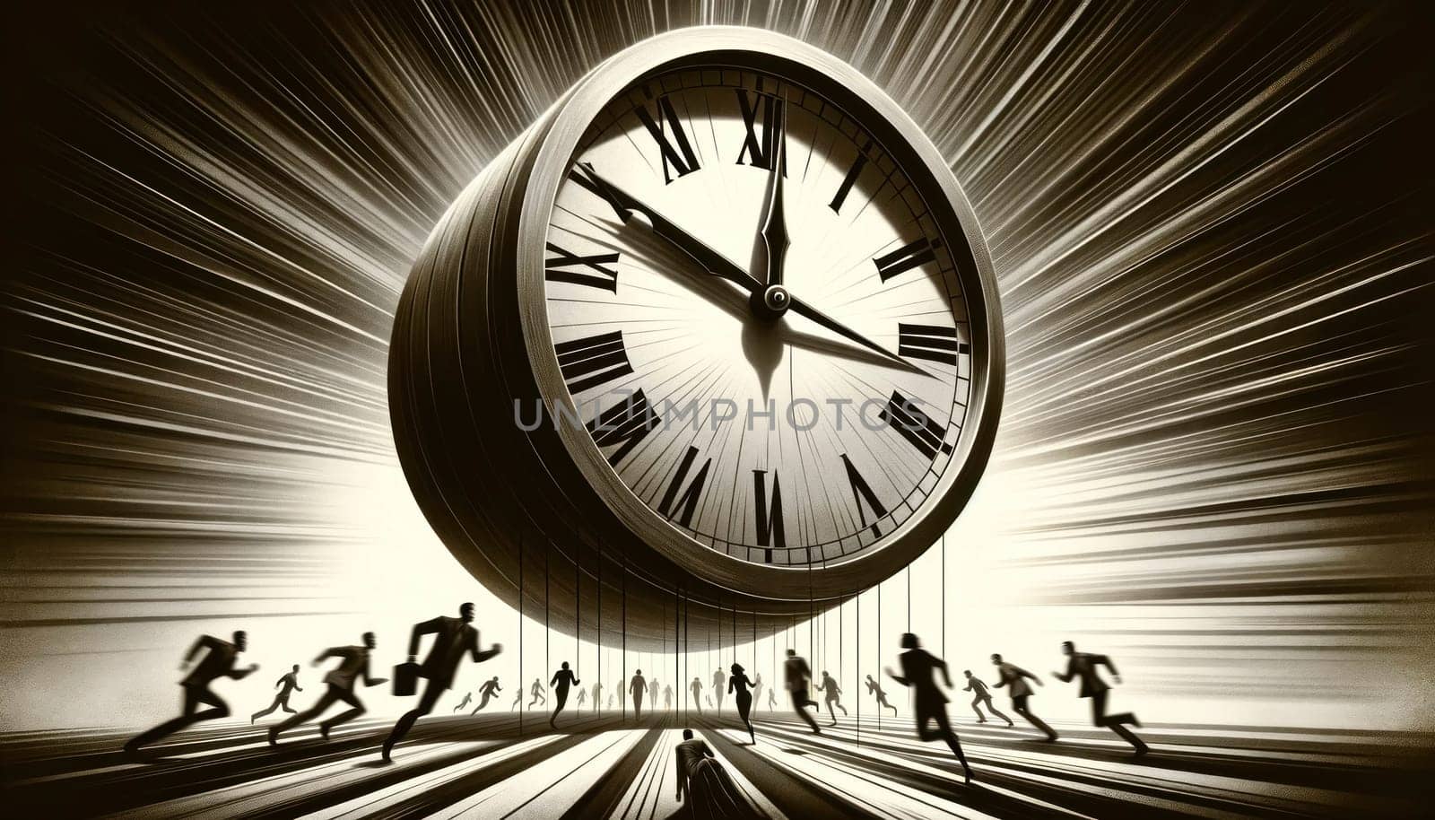 Silhouetted figures rush against a giant clock backdrop, symbolizing urgency