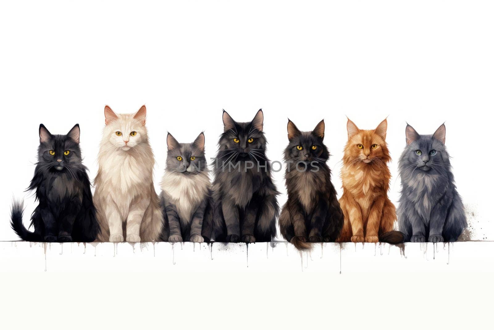 A lineup of Maine Coon cats in various colors, showcasing the breed's diversity and majestic fur, all sitting attentively.