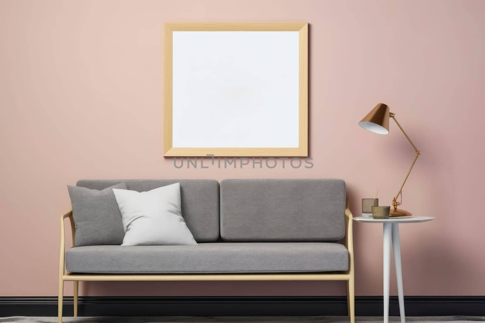 Contemporary minimalist living room with a comfortable grey sofa, blank white frame, stylish lamp, and small table.