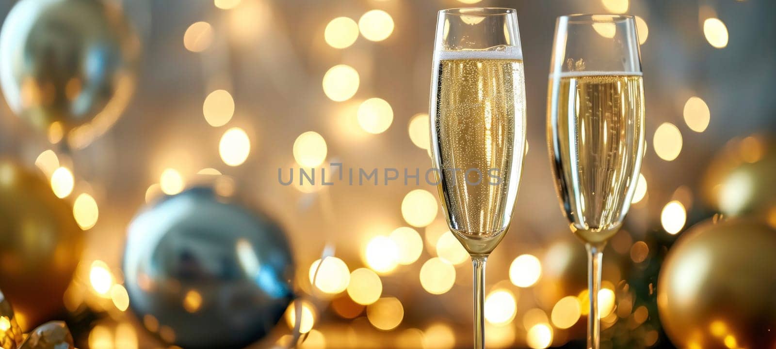 Two champagne glasses in a festive setting with golden bokeh lights and elegant decorations, embodying celebration and luxury.