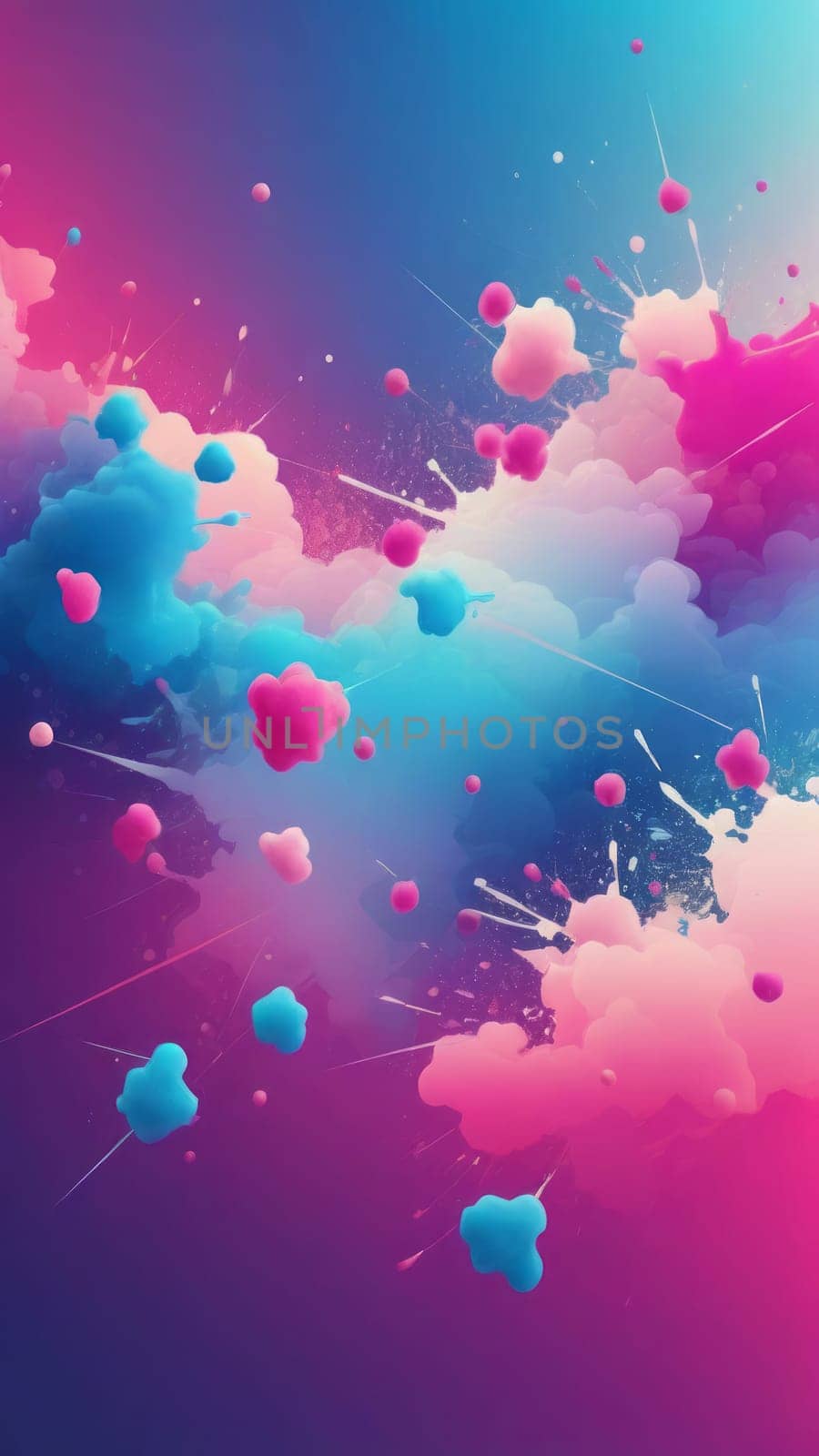 A gradient wallpaper with Splattered shapes using fuchsia and lightblue gradient colors. Generative AI.