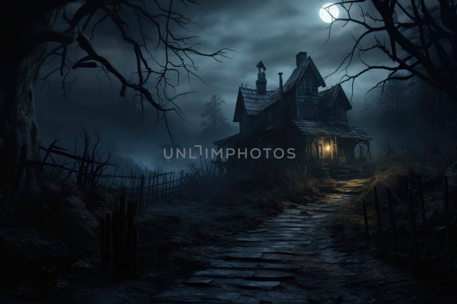 A spooky, abandoned house under a full moon, with eerie fog and bare trees creating a scene perfect for a ghost story setting.