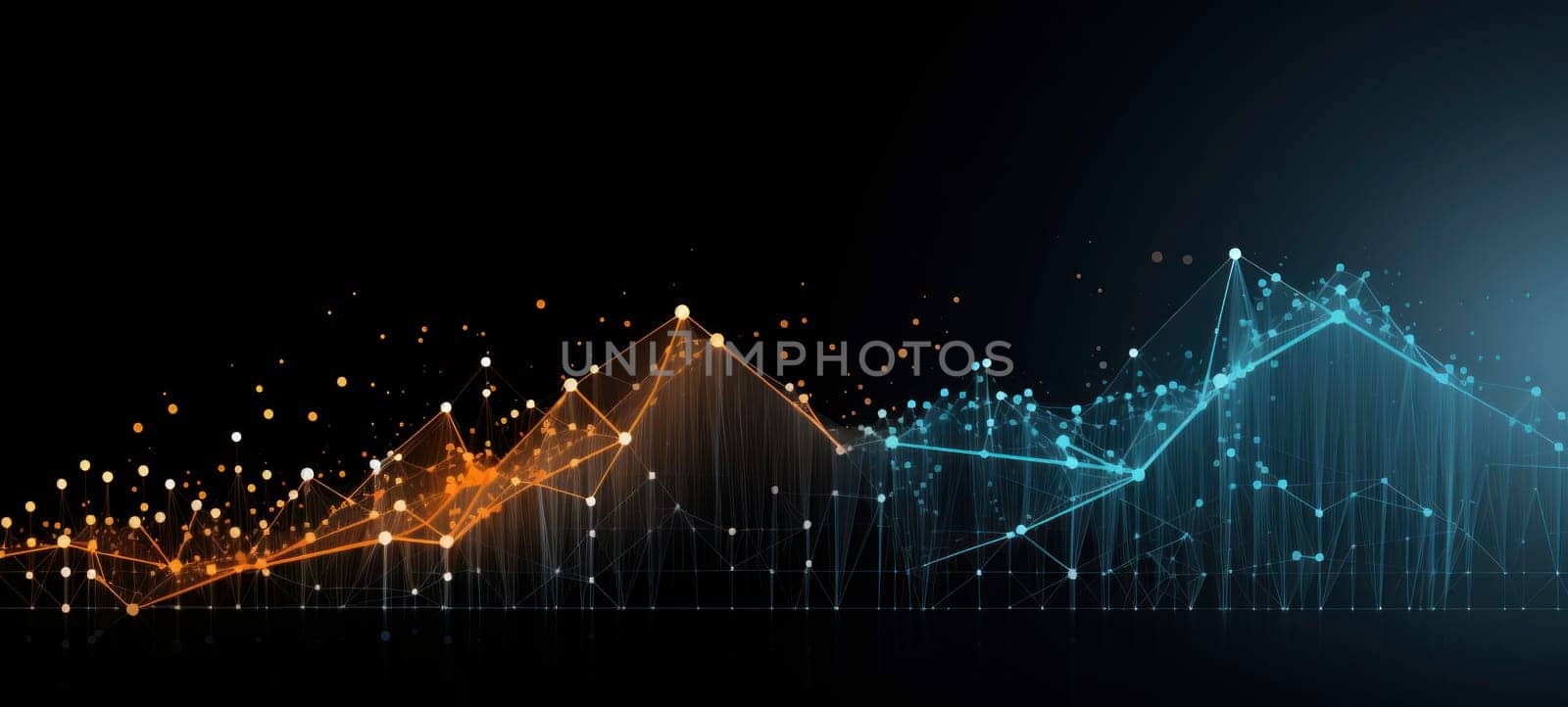 Abstract glowing digital graph lines and nodes on dark background, depicting financial trends