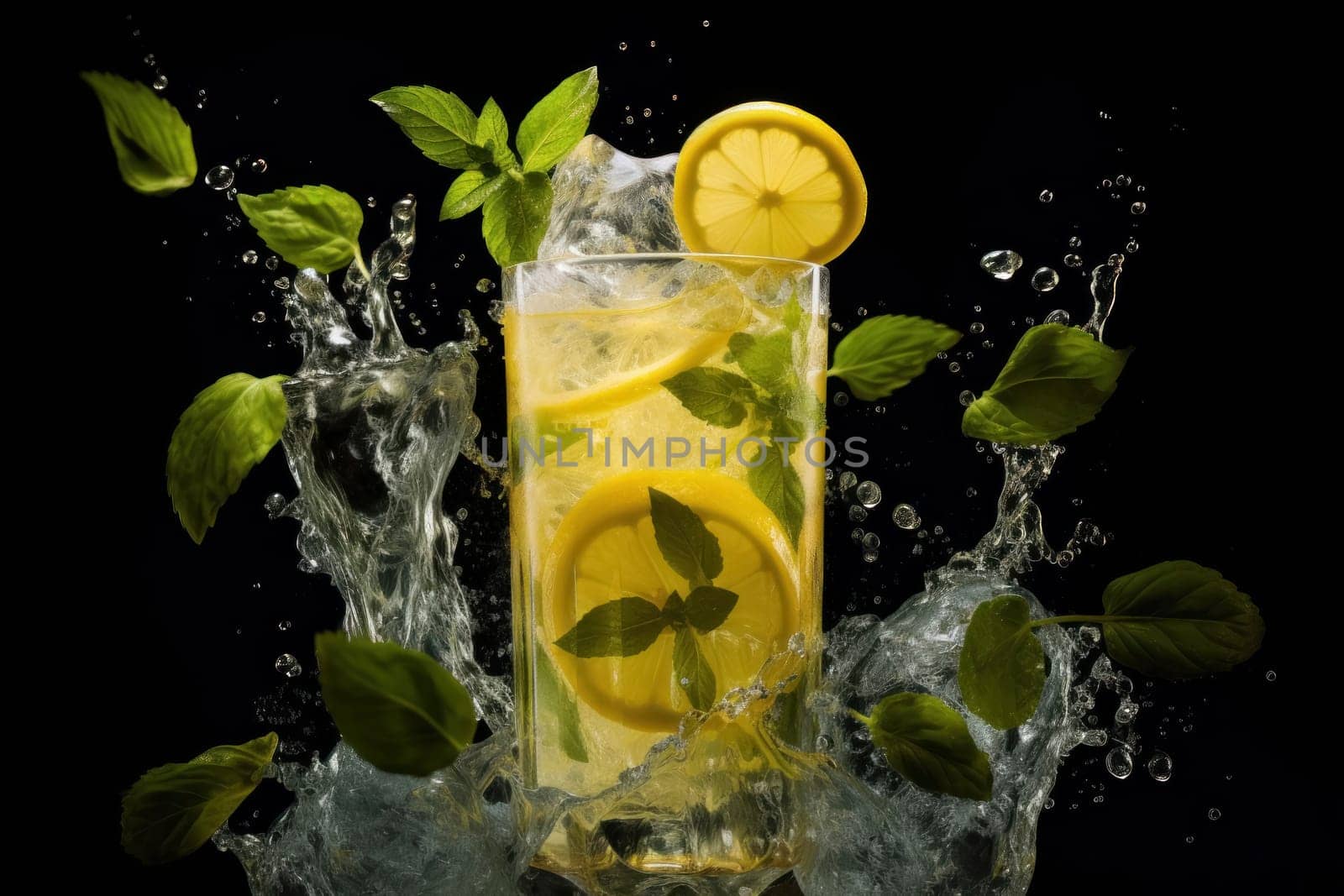 Dynamic image of a lemon and mint cocktail with ice and water splashing against a black background, conveying freshness and energy.