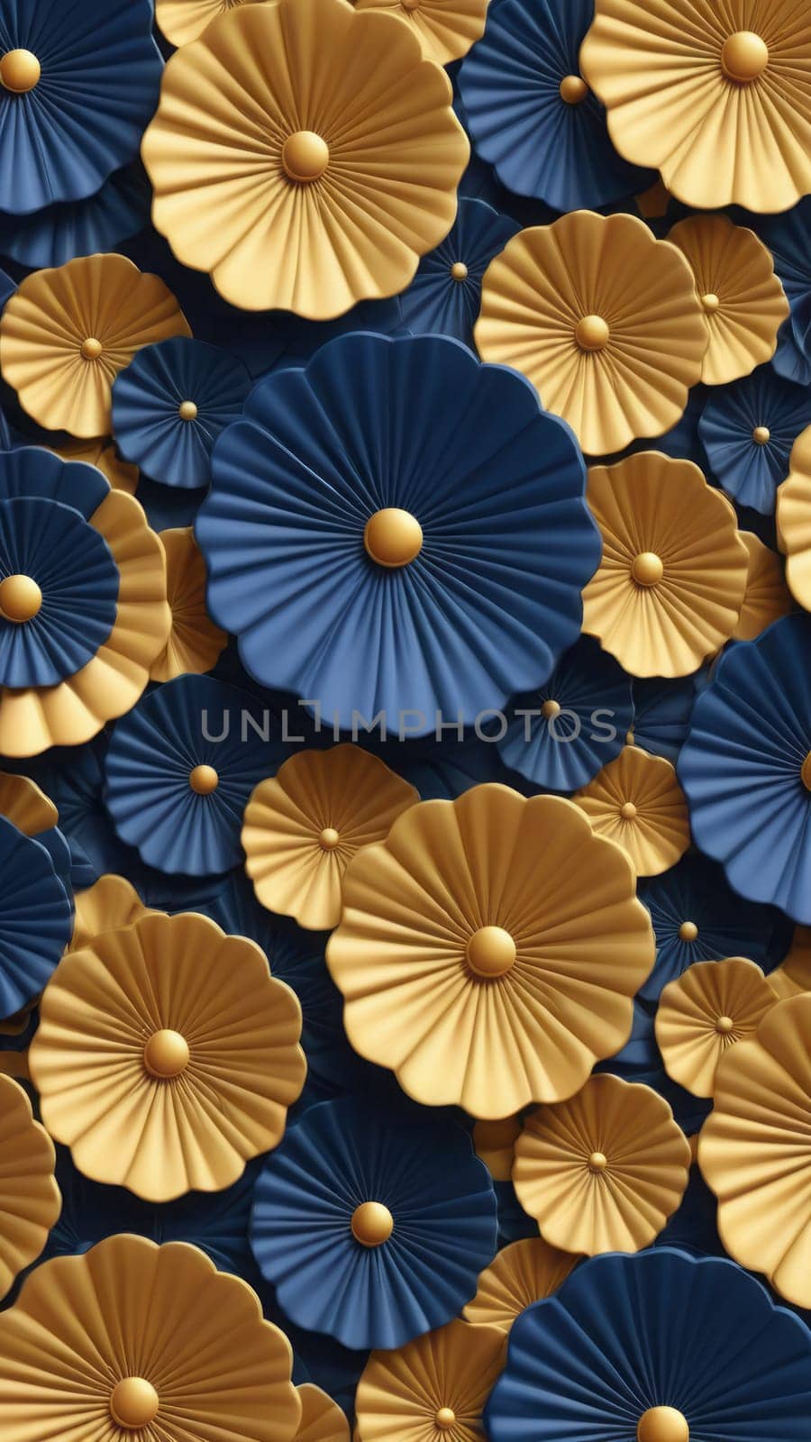 A gradient wallpaper with Rosette shapes using navy and gold gradient colors. Generative AI.