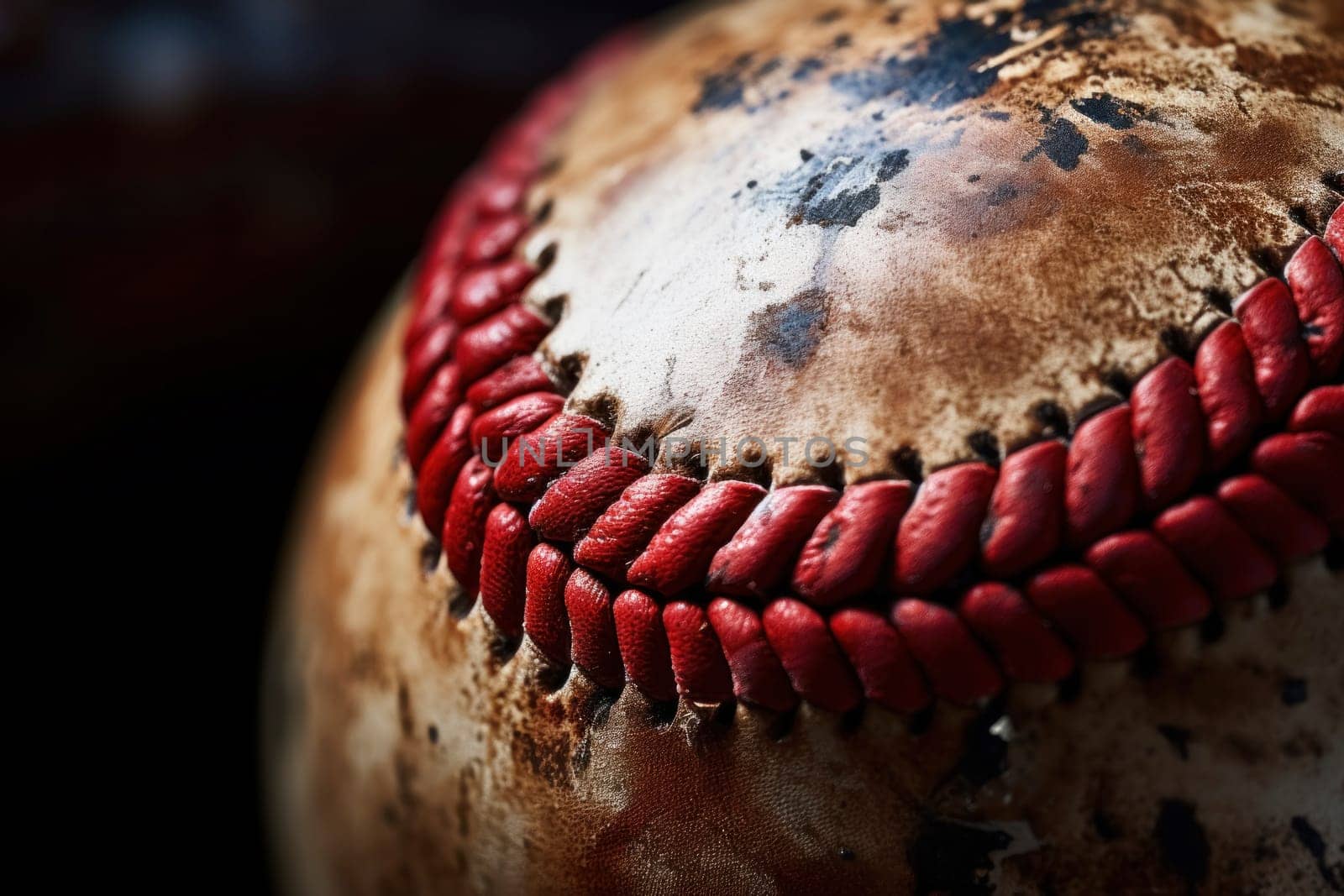 Textured close-up of a worn baseball with red stitches.