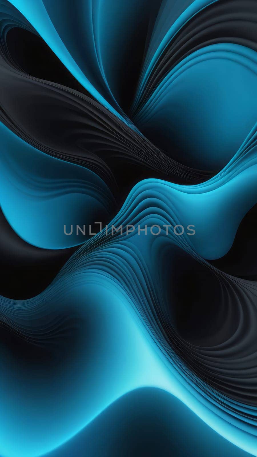 A gradient wallpaper with Distorted shapes using black and azure gradient colors. Generative AI.