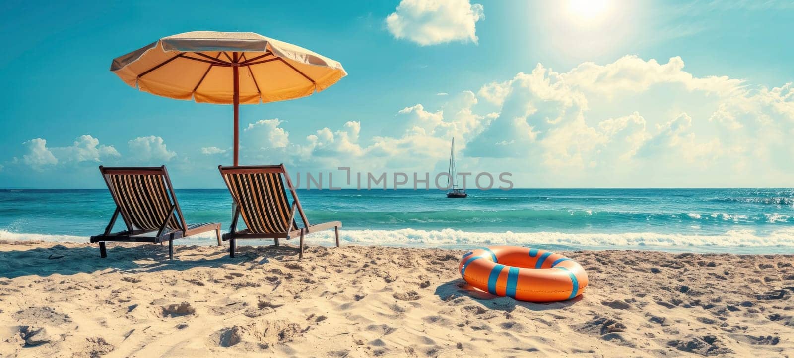 Two beach chairs under an umbrella on sandy shore with a lifebuoy nearby, overlooking a sailboat on the sea under a sunny sky.