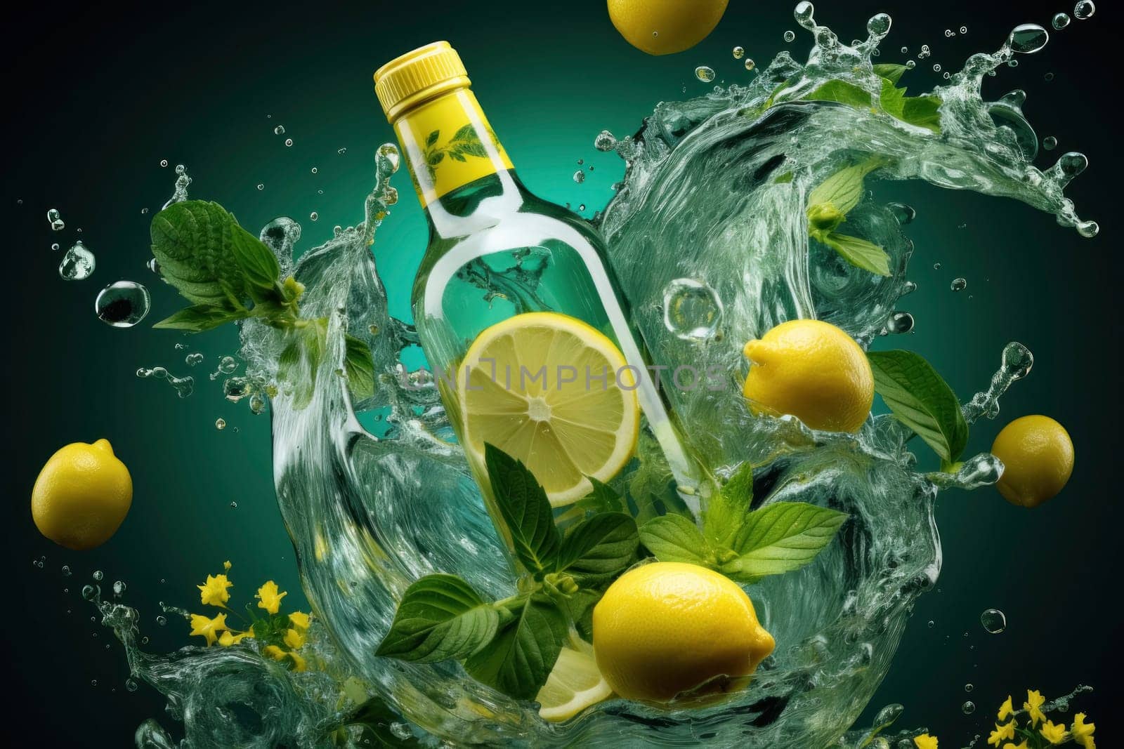 Dynamic splash of water with lemons, mint leaves, and a bottle of lemonade on a teal background.